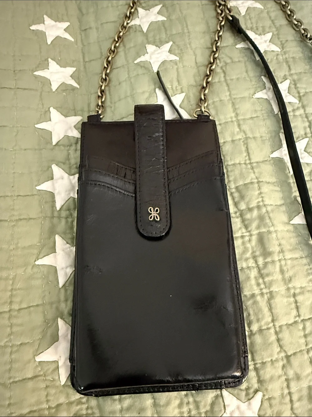 HOBO Black Leather Crossbody Phone Bag with Gold Chain Strap